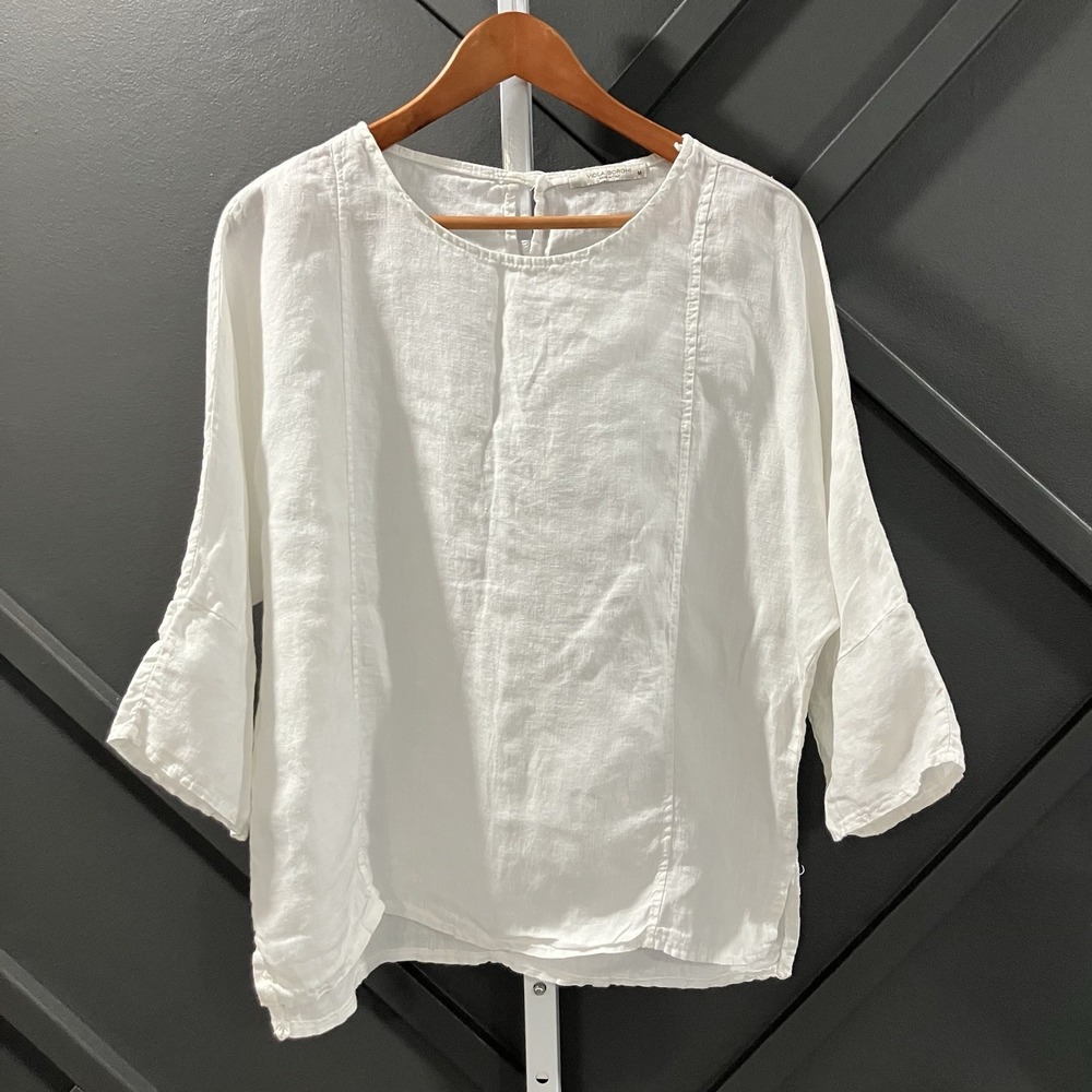 Viola Borghi 100% Linen Blouse Women's M White 3/4 Sleeve Made in Italy Boho